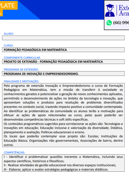 Projeto de Extensão I – Formação Pedagógica em Matemática