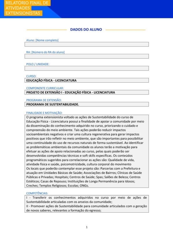 Projeto de extensão I - Educação Física - Licenciatura