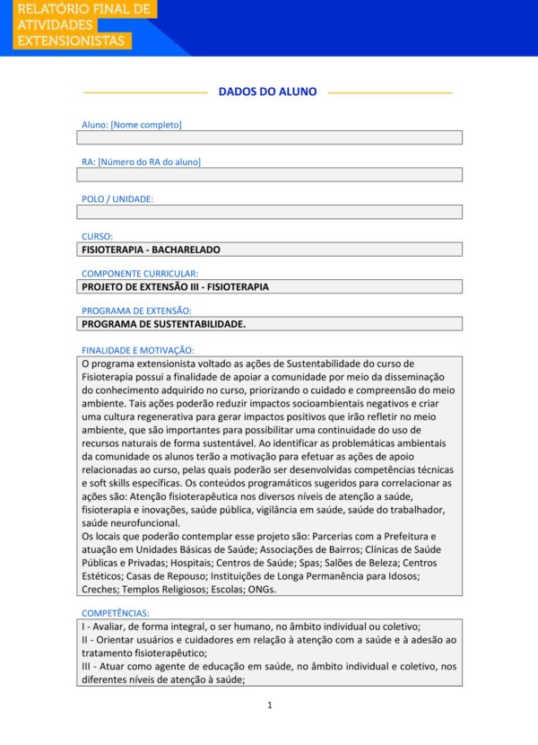 Projeto de Extensão III – Fisioterapia