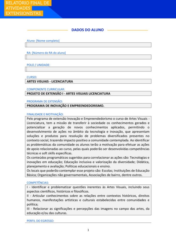 Projeto de extensão I Artes Visuais licenciatura