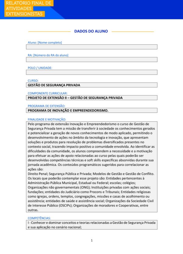 Projeto de Extensão II – Gestão de Segurança Privada